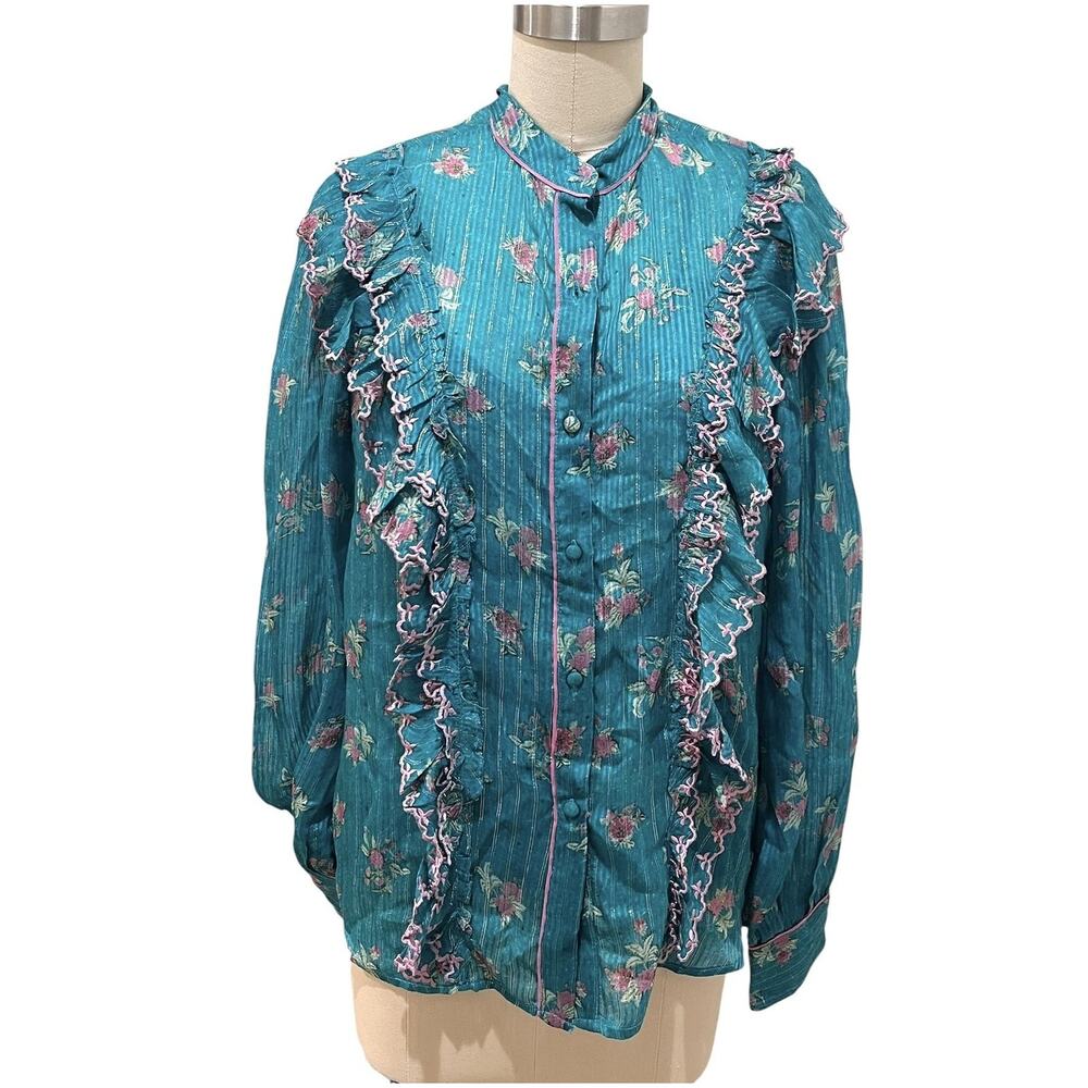 Hemant & Nandita Blouse Womens Medium Teal Floral Ruffle Blouse With Camisole
